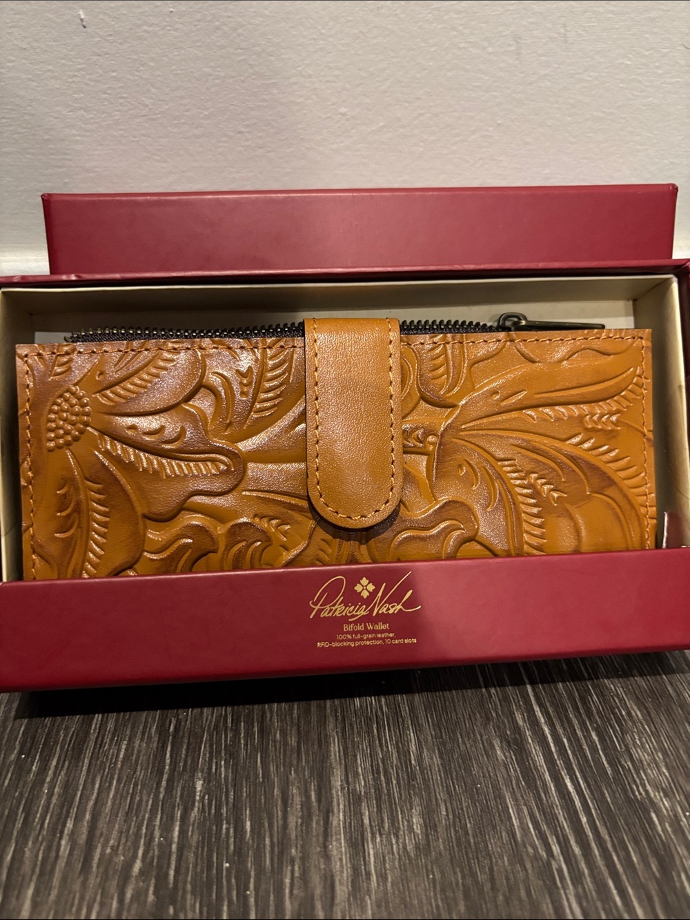 Patricia Nash Cognac Tooled Leather Bifold Wallet